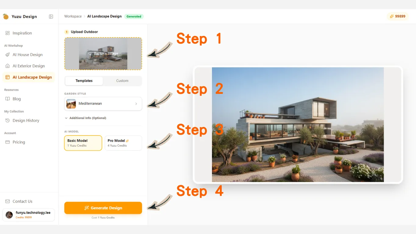 Step-by-step tutorial for using AI landscape design templates mode