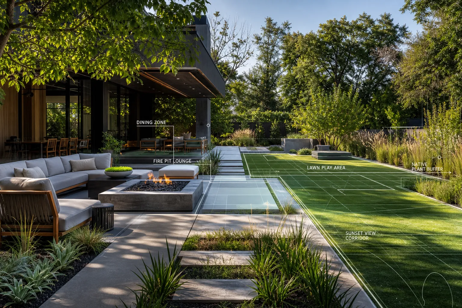 AI landscape design rendering with a stone path, layered planting beds, and exterior lighting.