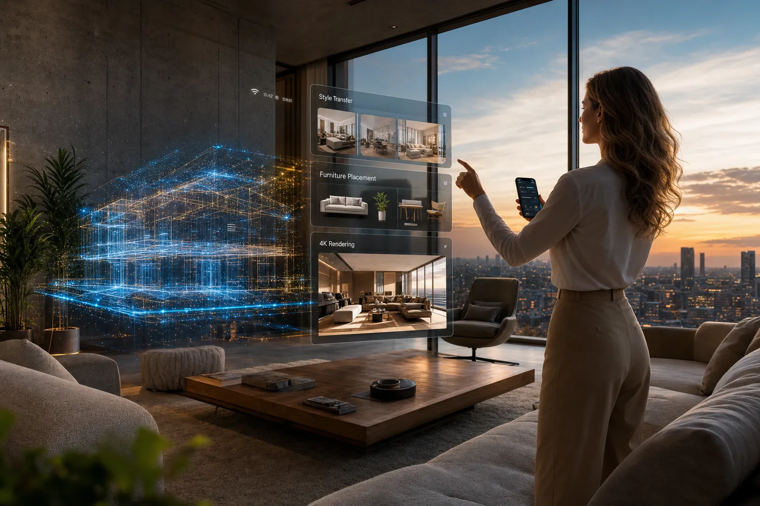 AI interior design tool showing a photorealistic living room remodel preview.