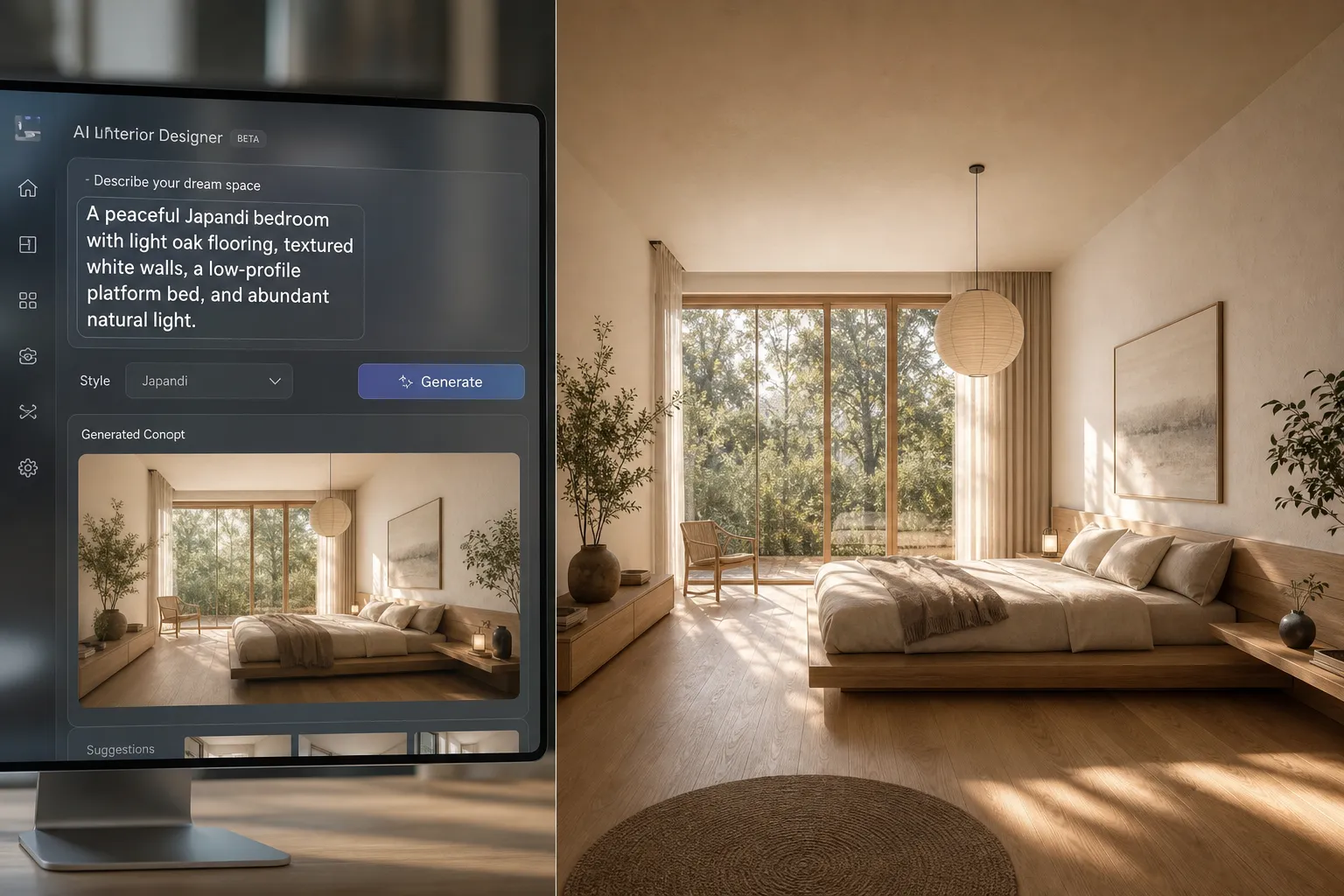 AI interior design tool transforming a bedroom from text prompt to photorealistic room render
