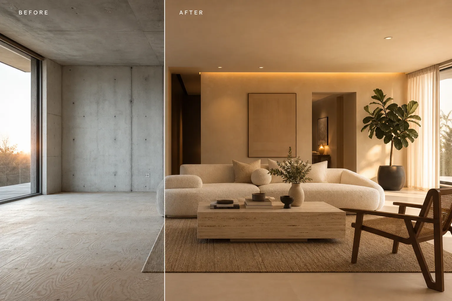 AI interior design tool transforming a bedroom from text prompt to photorealistic room render