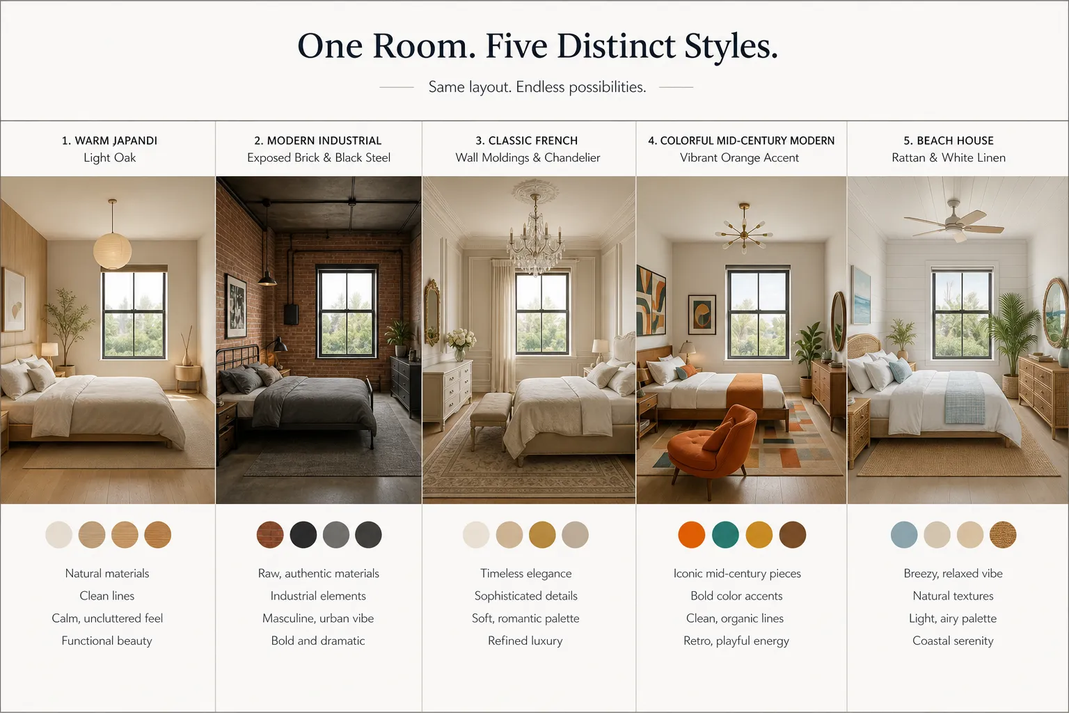 Photo to 3D room design showing one room generated in five different interior design styles