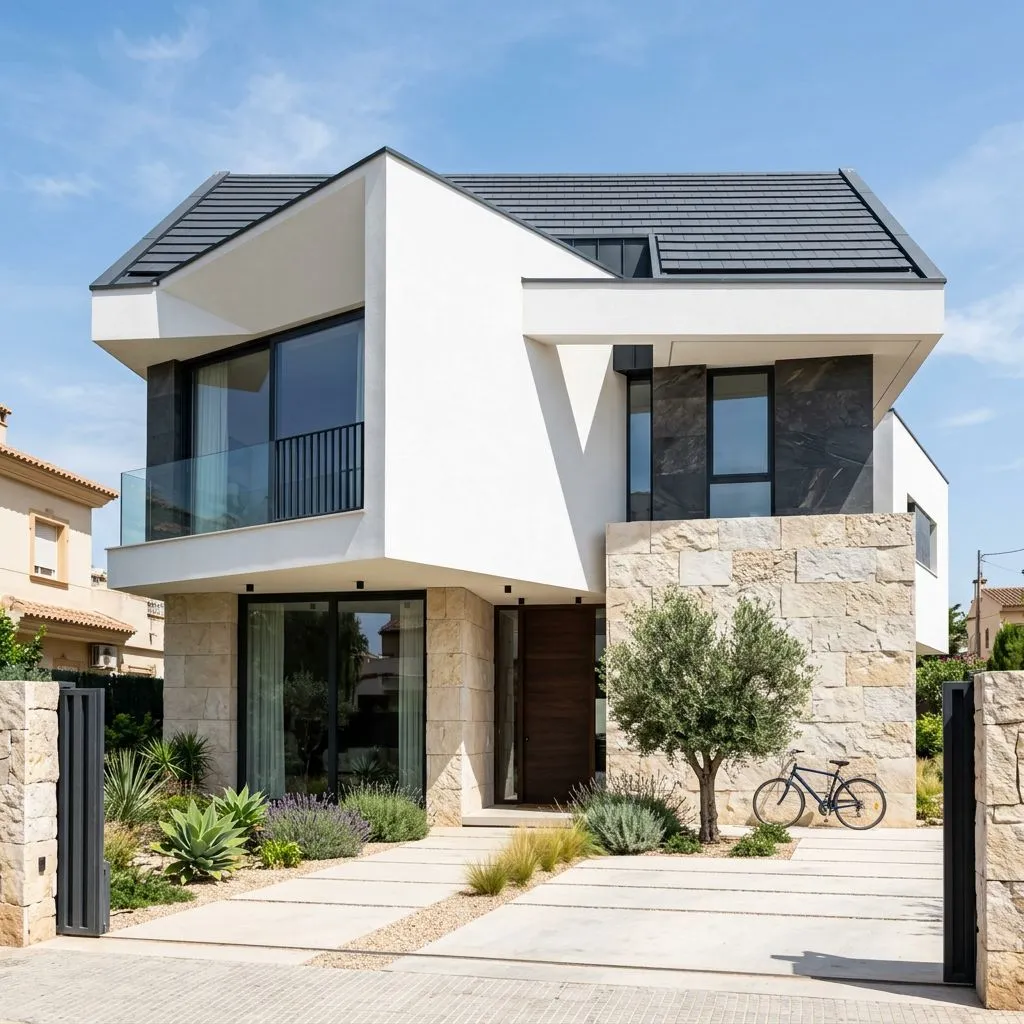 AI generated modern home exterior design featuring white facade, large black-framed windows, and warm glowing landscape lighting at dusk