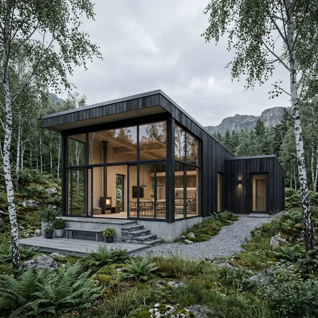 AI generated modern home exterior design featuring striking dark facade, warm wood accents, and large architectural windows at twilight