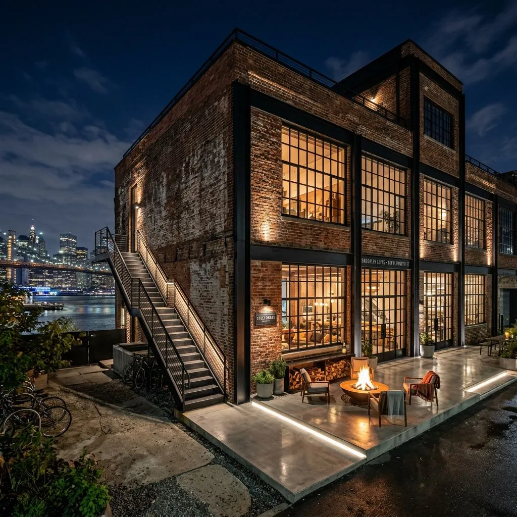 AI generated modern home exterior design featuring large glass windows, warm wood siding accents, and a lush green lawn