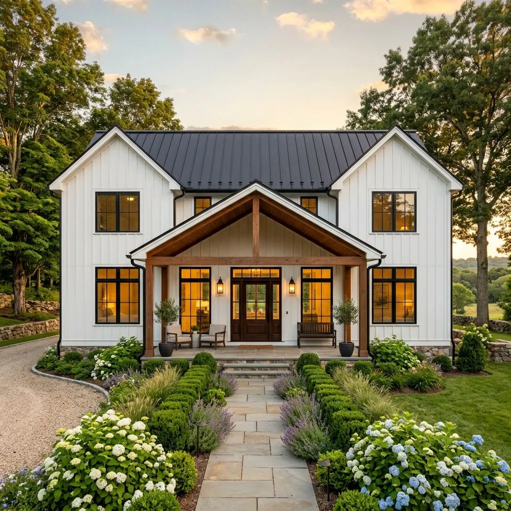 AI generated contemporary home exterior design featuring wood slat siding, dark grey stucco panels, and large glass windows at dusk