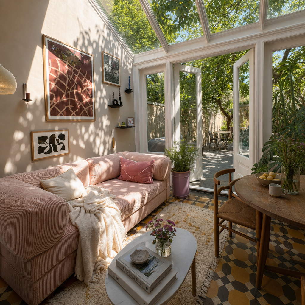 Sun-drenched French-style sunroom with a glass ceiling, patterned tile flooring, pink corduroy sofa, and French doors opening to a lush garden.