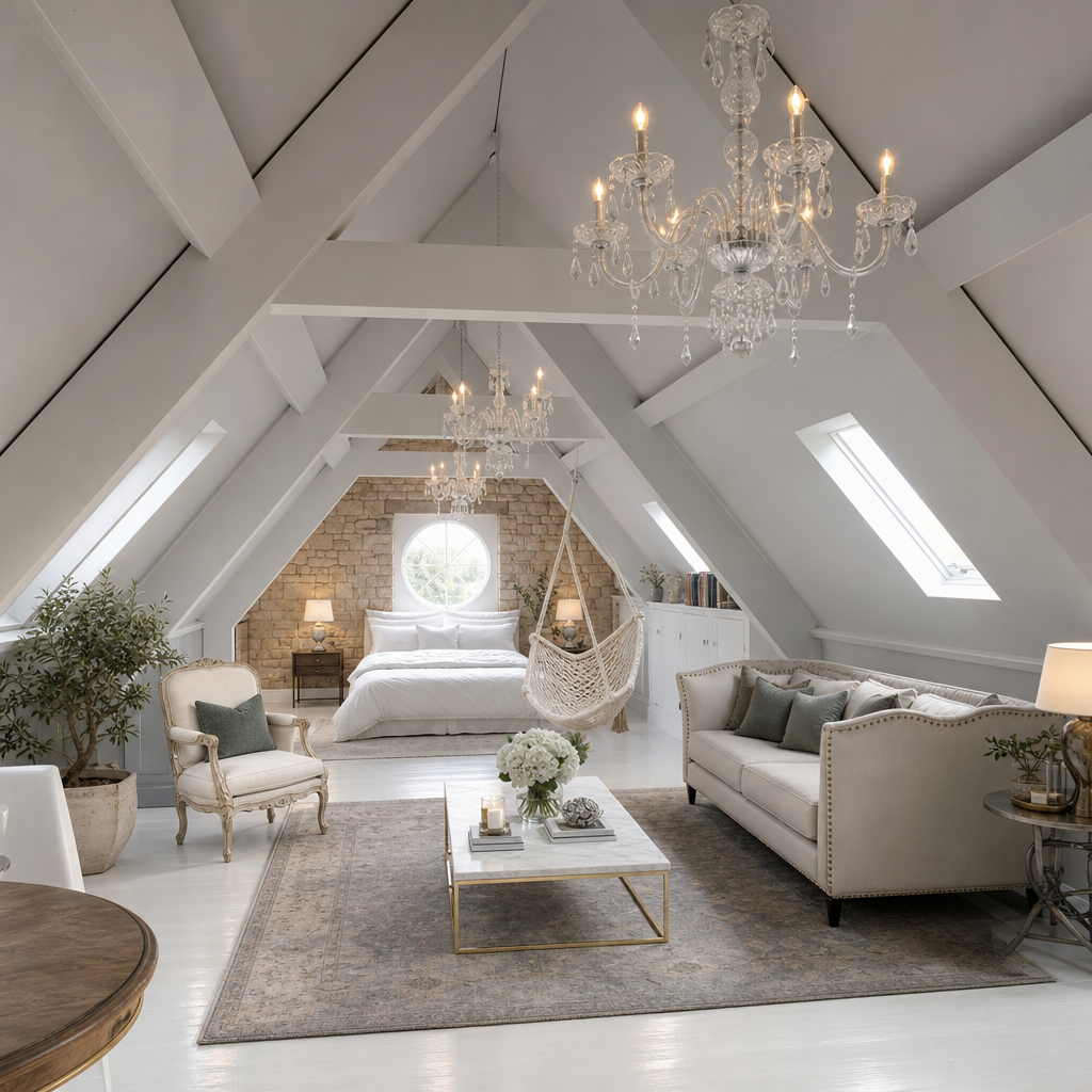 Luxury modern French attic suite featuring white exposed rafters, crystal chandeliers, a stone accent wall, and neo-classical furniture.