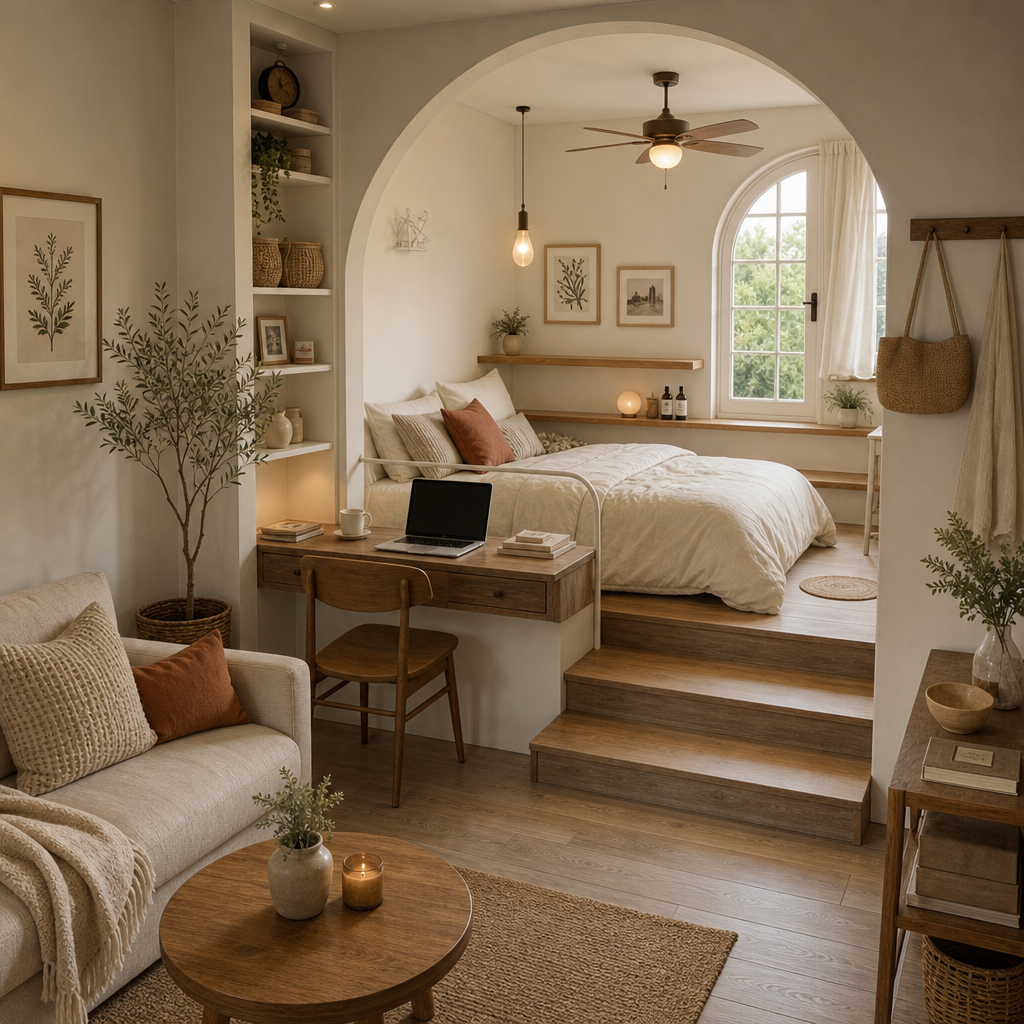 Modern Creamy Japandi small apartment design featuring an arched room divider, raised platform bed, and integrated workspace for efficient, elegant living.