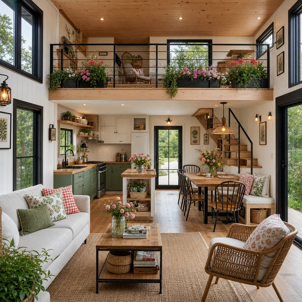 Modern farmhouse tiny house interior with a loft, white shiplap walls, sage green kitchen cabinets, and black metal window frames decorated with flowers.
