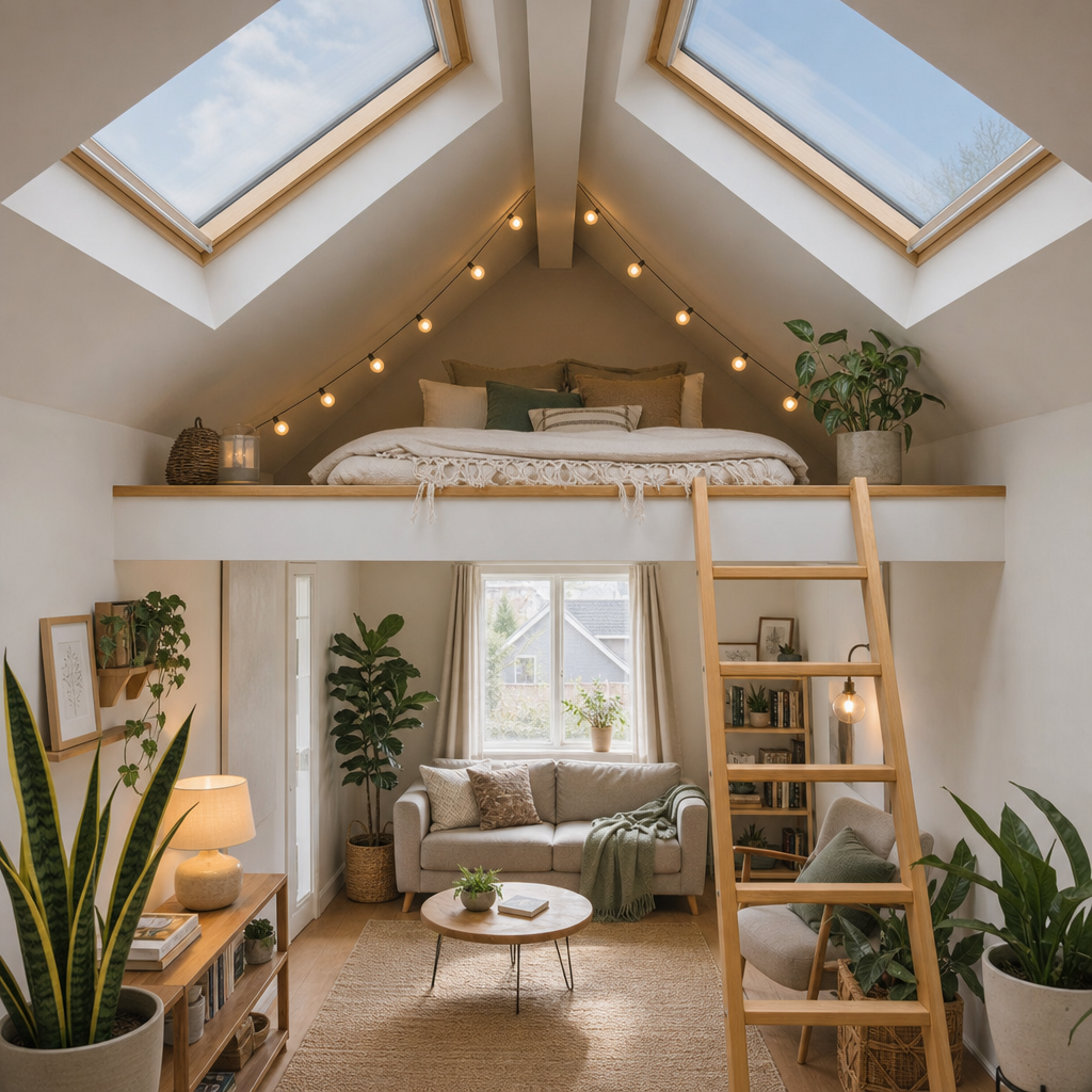 Scandinavian minimalist loft design featuring symmetrical skylights, a wooden ladder, a mezzanine sleeping area, and warm string light decor.