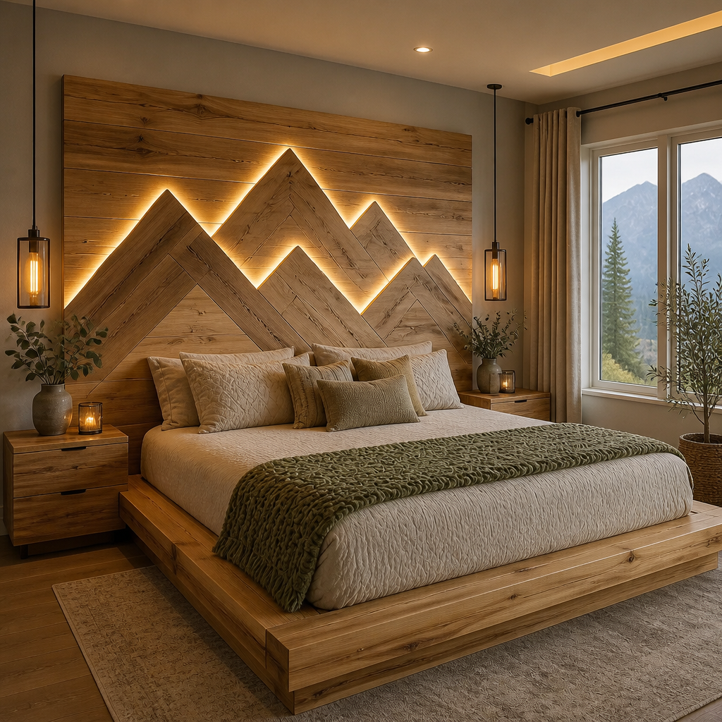 Creative wooden interior design with a geometric accent wall, industrial pendant lights, olive green bedding, and warm ambient lighting.