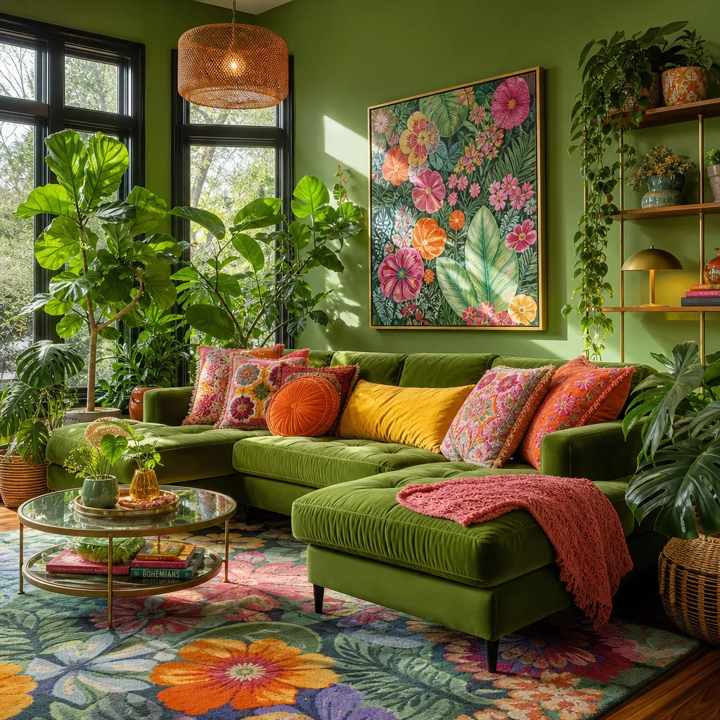 Maximalist living room design with deep green walls, a velvet sectional sofa, and lush indoor plants, creating a vibrant Urban Jungle Boho aesthetic.