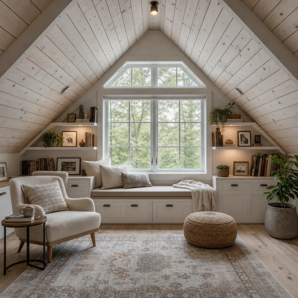 Cozy attic reading nook design featuring a custom white window seat, sloped wood-paneled ceiling, and Scandinavian minimalist furniture.