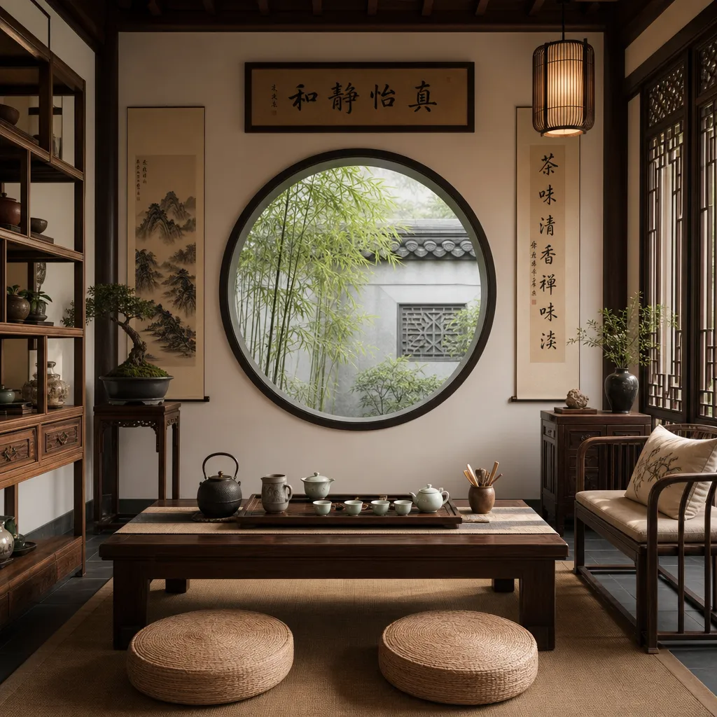 Zen-inspired New Chinese Style tearoom featuring a circular moon window, solid wood display shelves, and traditional tea ceremony seating.