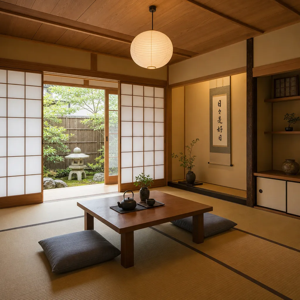 Traditional Japanese Washitsu room with Tatami flooring, Shoji screens, a wooden Tokonoma alcove, and a Zen garden view.
