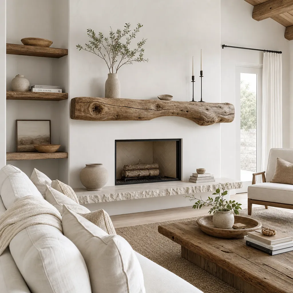 Minimalist interior design with raw wood accents, jute rug, built-in fireplace, and ceramic decor in a neutral palette.