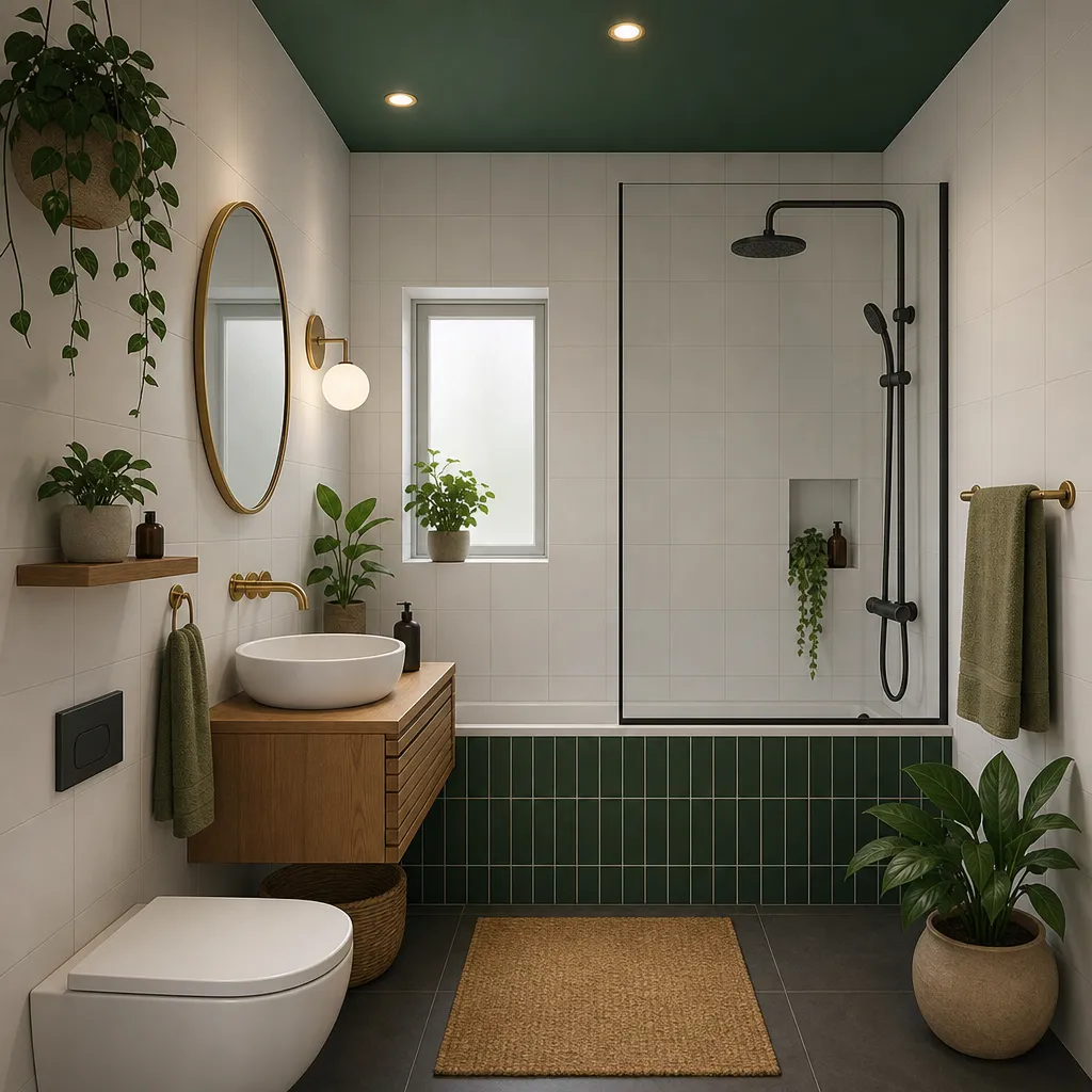 Minimalist green themed bathroom interior with a black-framed shower, oval mirror, indoor plants, and recessed lighting.
