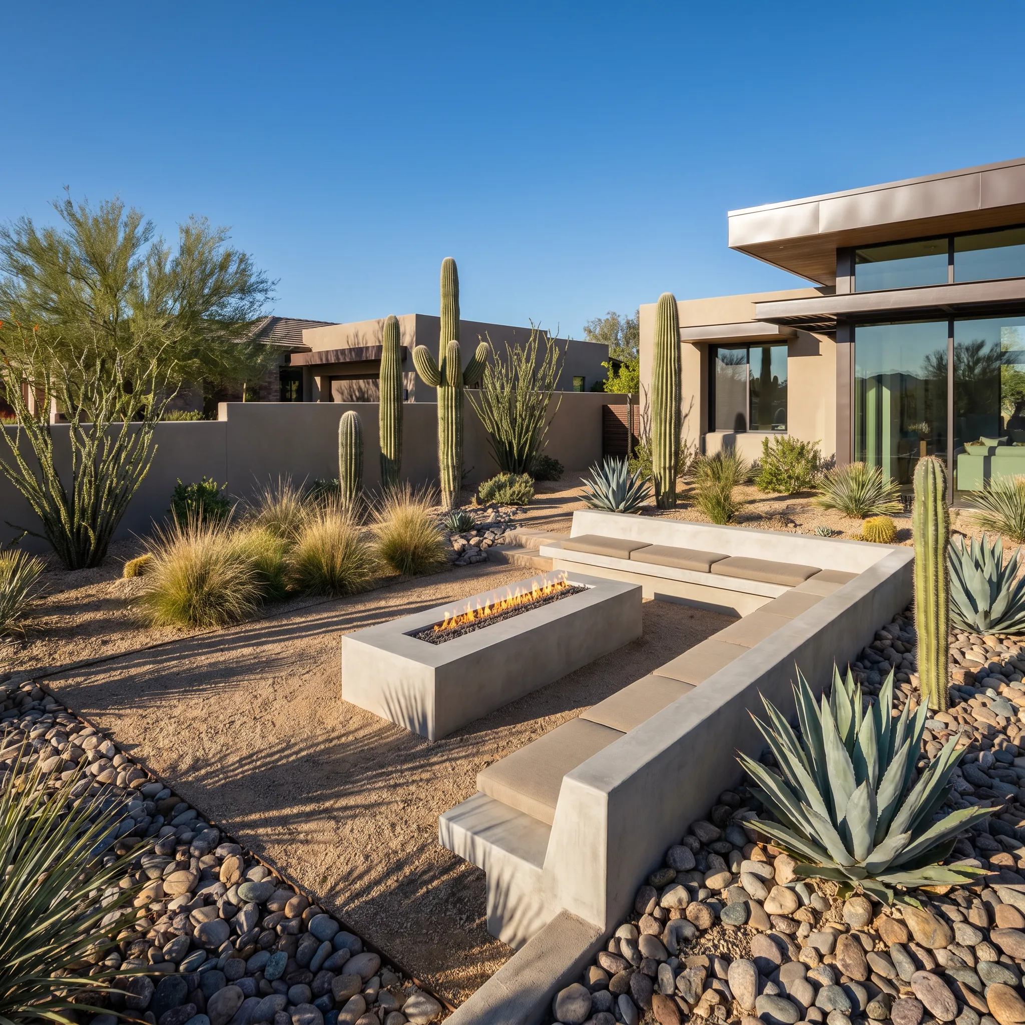 Drought-tolerant desert landscaping for a front yard with agave plants and concrete pavers, generated by Yuzu AI exterior design tool.