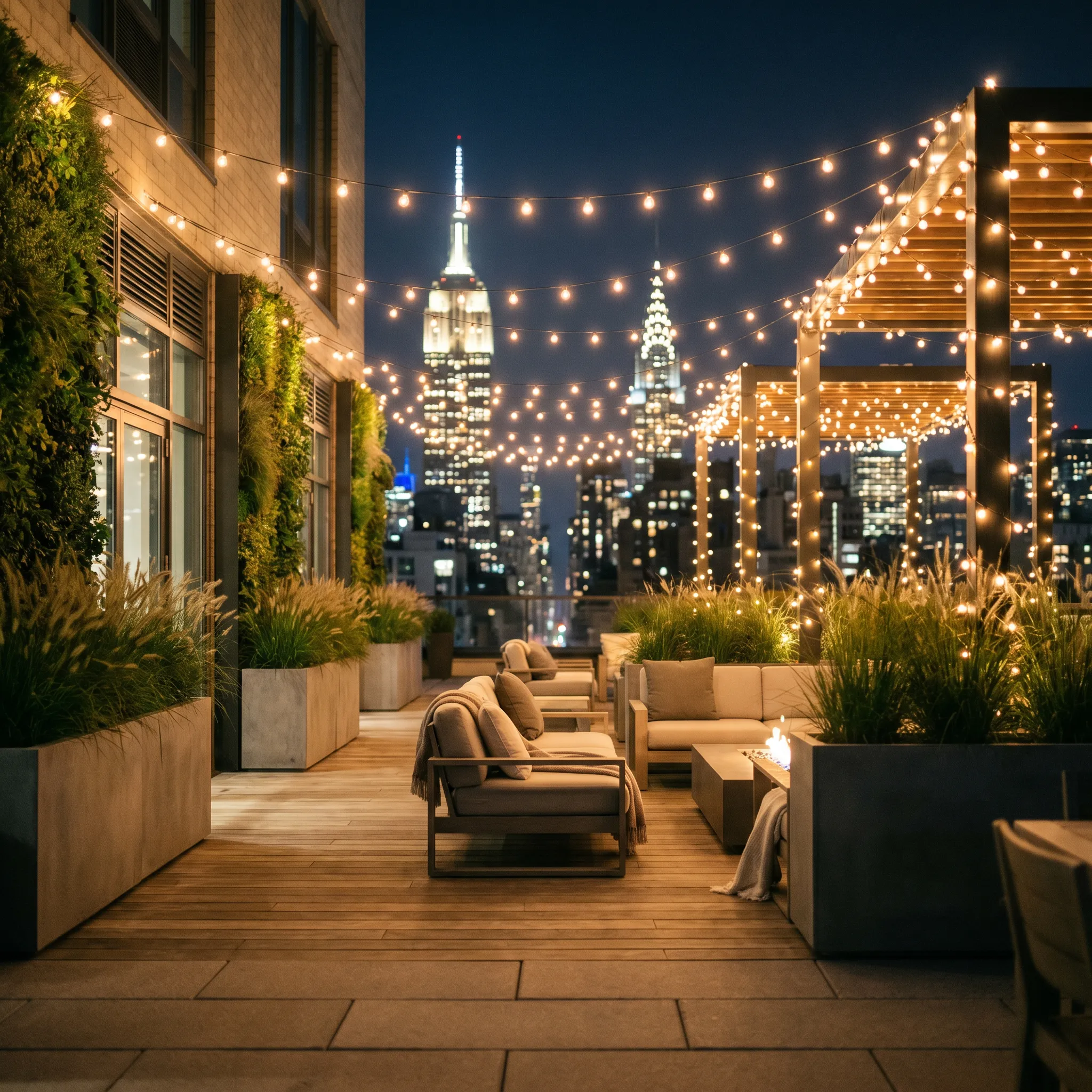 Elegant modern backyard patio design with a fire pit and warm ambient lighting, generated by Yuzu AI landscape design software.