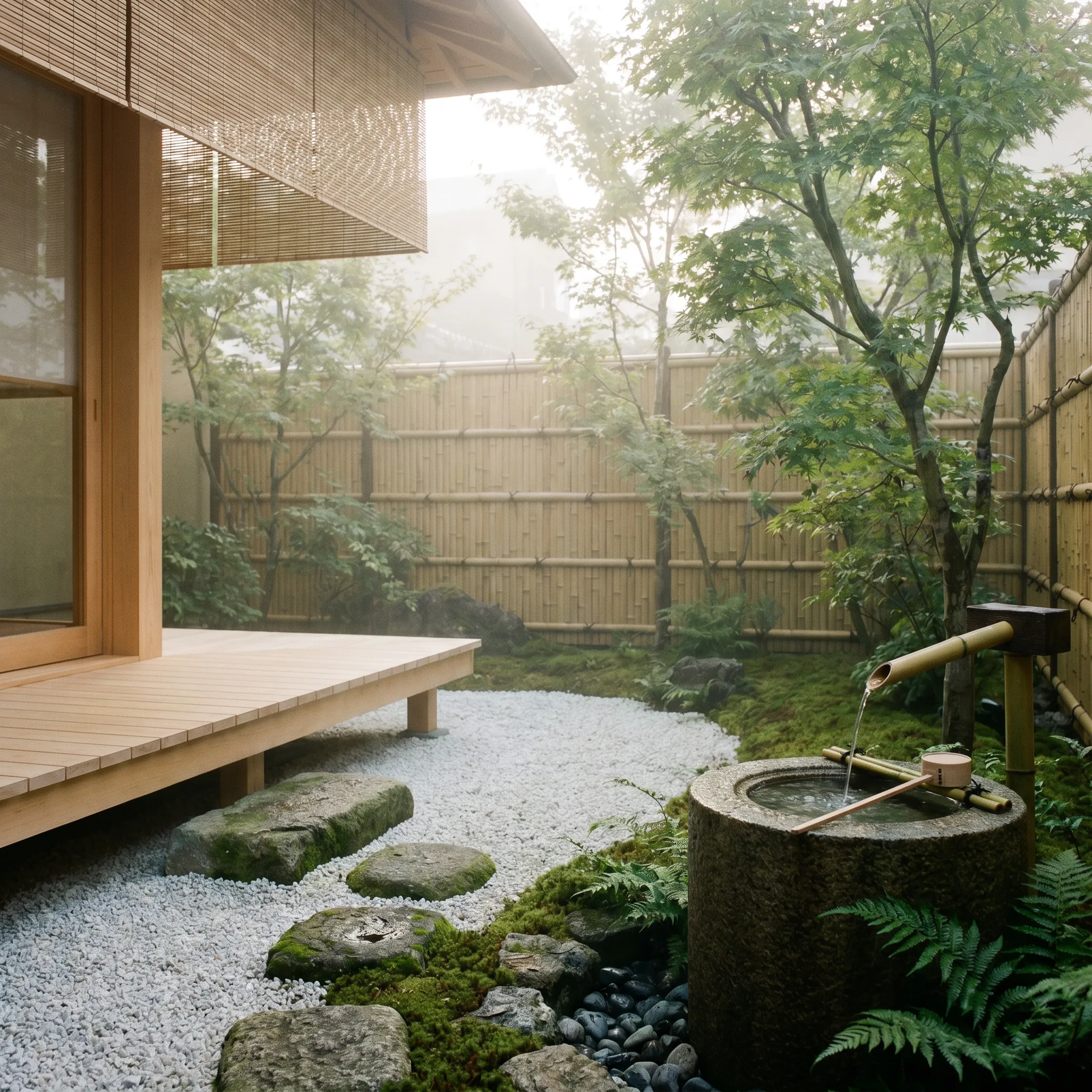 Serene Japanese Zen garden layout with stepping stones, bamboo screening, and water features, created using AI landscape design generator.