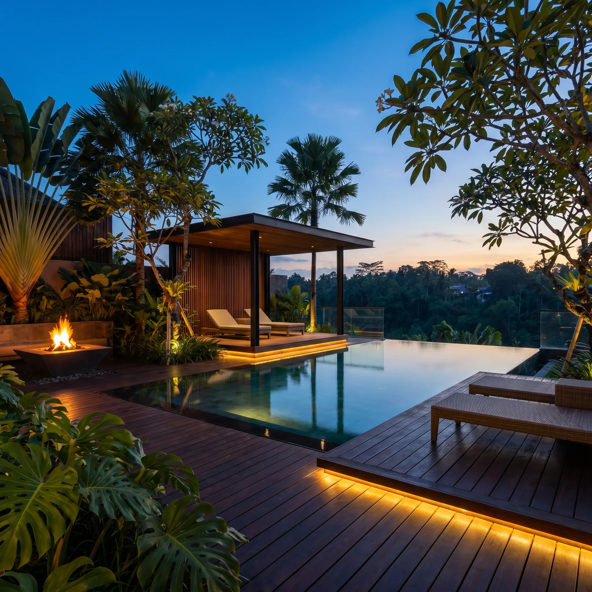Modern backyard terrace remodel showcasing wooden decking and geometric concrete planters, designed with AI landscaping software.